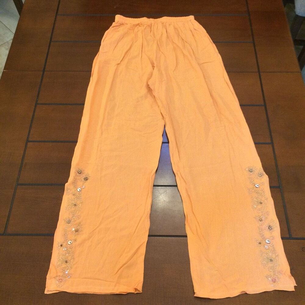 Nwt Globe Trotter of Indonesia crinkle rayon orange beaded pants medium boho